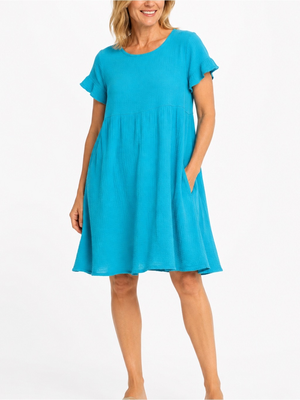 Bryn Walker Sky Blue Cotton Double Gauze Lightweight Crewneck Swing Tee Dress